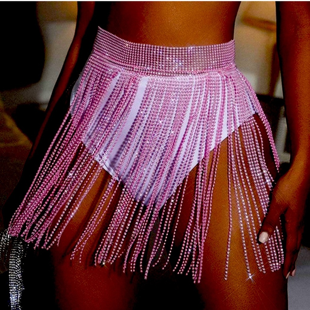SHEIN Pink Rhinestone Fringe Skirt